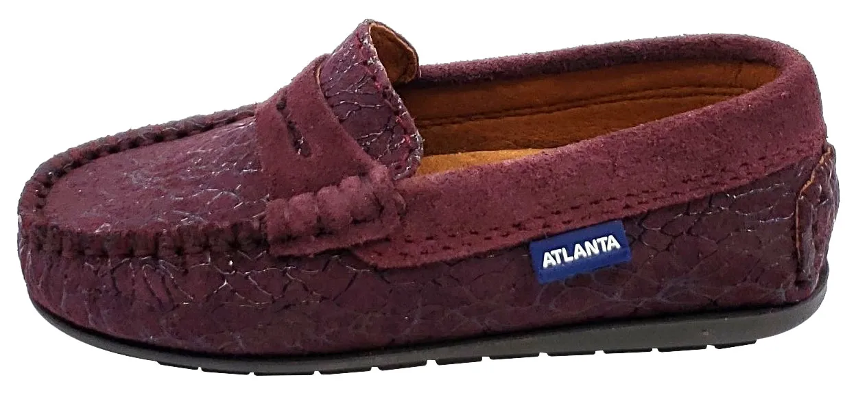 Atlanta Mocassin Girl's and Boy's Suede Embellished Penny Loafers, Burgundy Suede