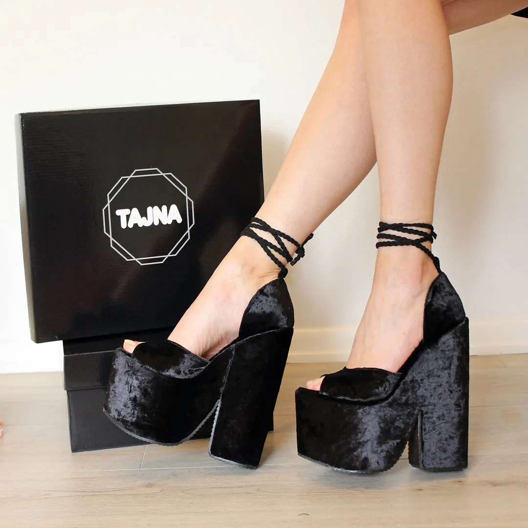 Black Lace up Super High Heel Wedge Platform Shoes