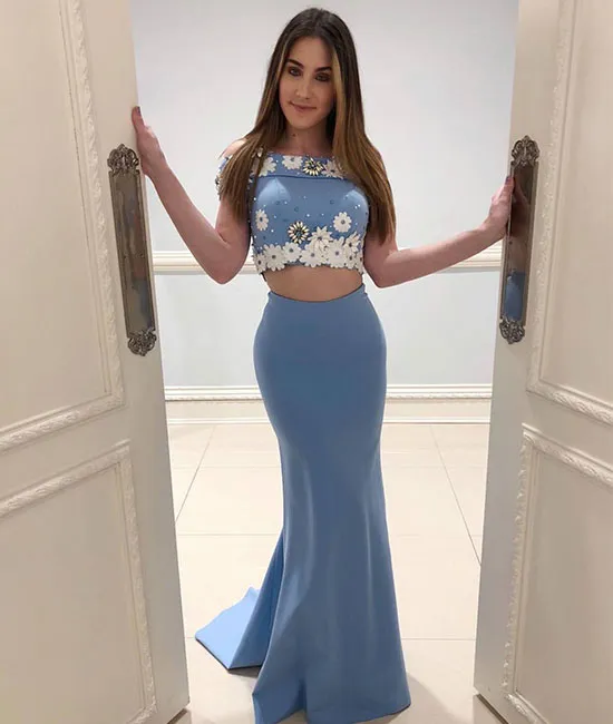 Blue two pieces mermaid long prom dress, blue evening dress