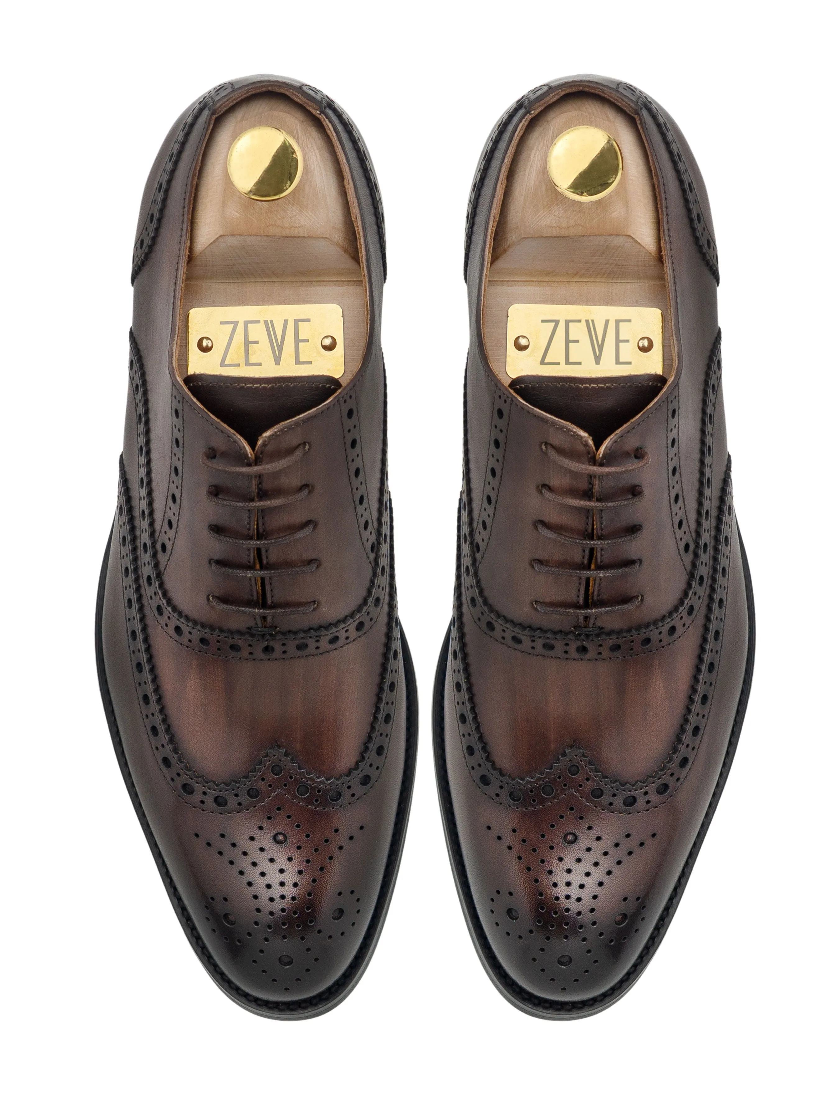 Classic Oxford Brogue Wingtip - Dark Brown Lace Up (Hand Painted Patina)