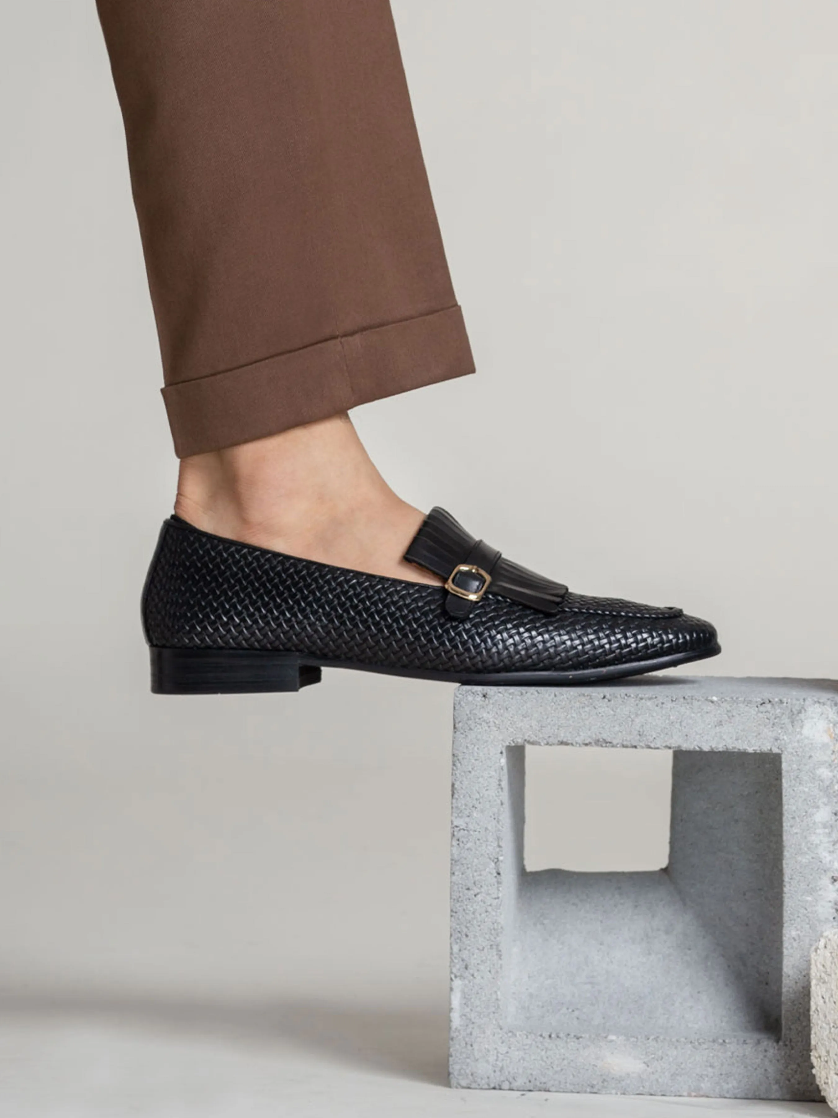 Fringe Kiltie Loafer - Black Woven Leather with Side Buckle (Hand Painted Patina)