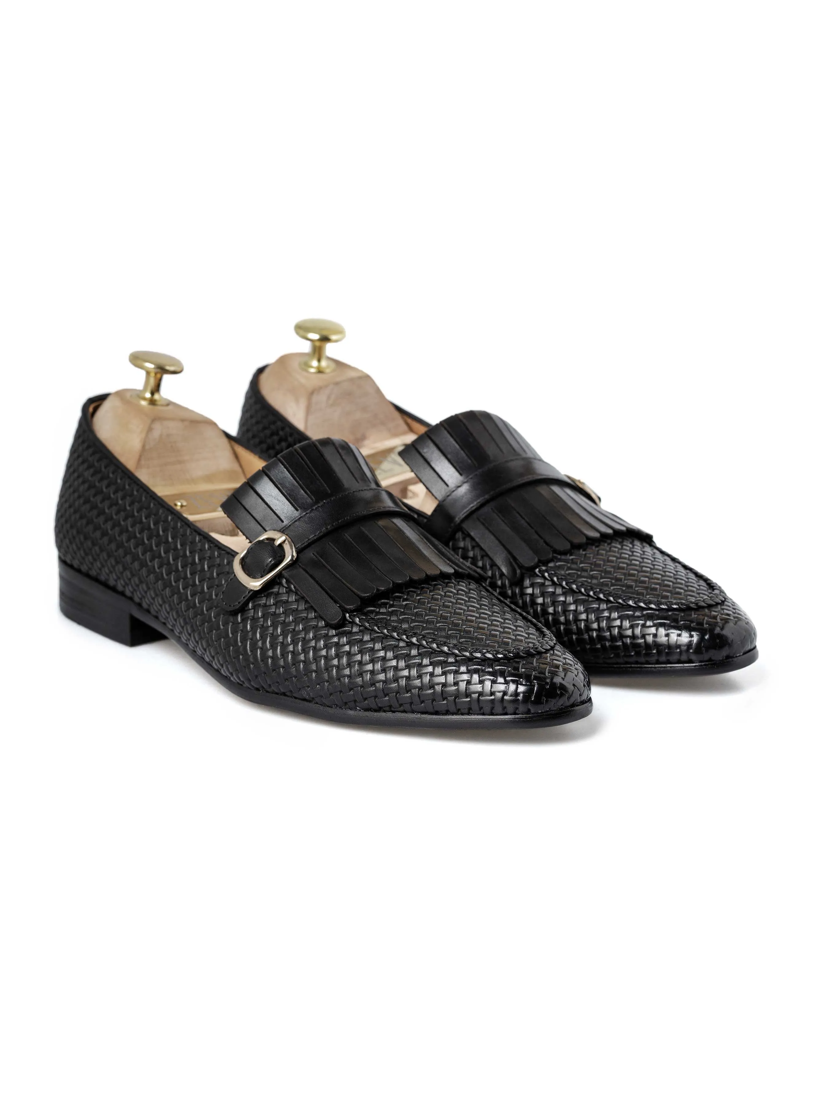 Fringe Kiltie Loafer - Black Woven Leather with Side Buckle (Hand Painted Patina)