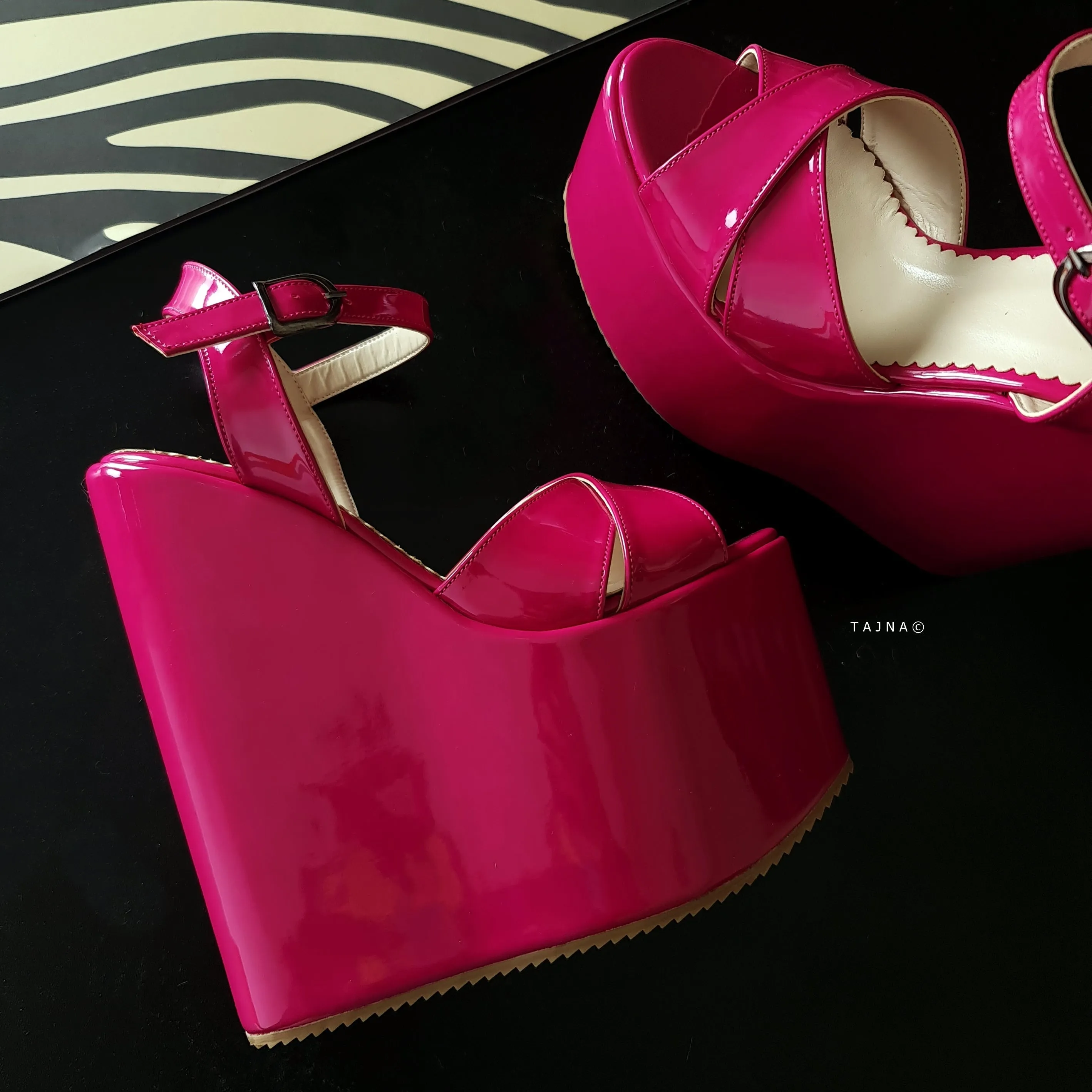 Fuschia Pink Gloss High Heel Wedge Platform Shoes