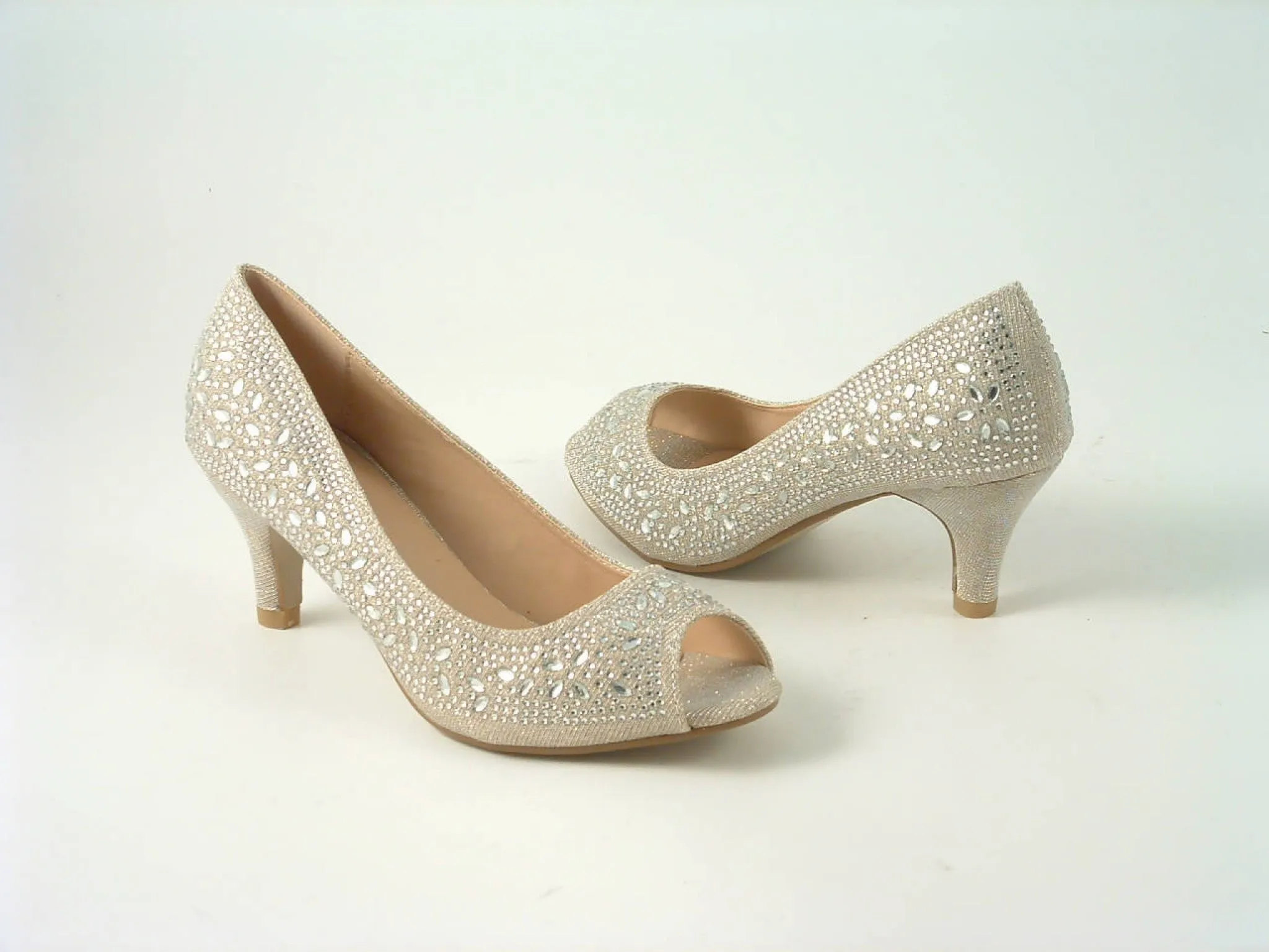 Glitz Shoes Divine Diamante Mid Heel Peep Toe Court Shoe