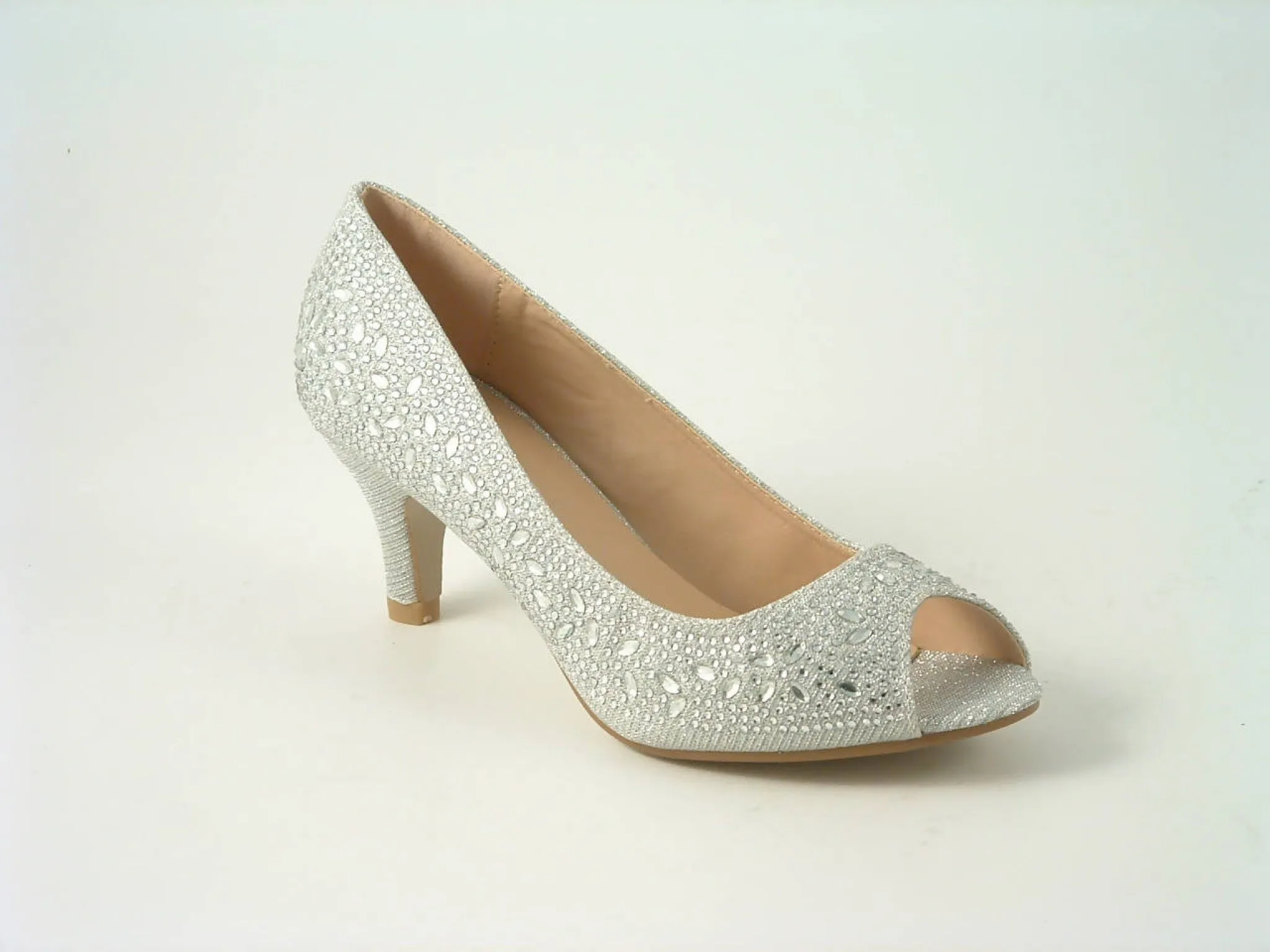 Glitz Shoes Divine Diamante Mid Heel Peep Toe Court Shoe