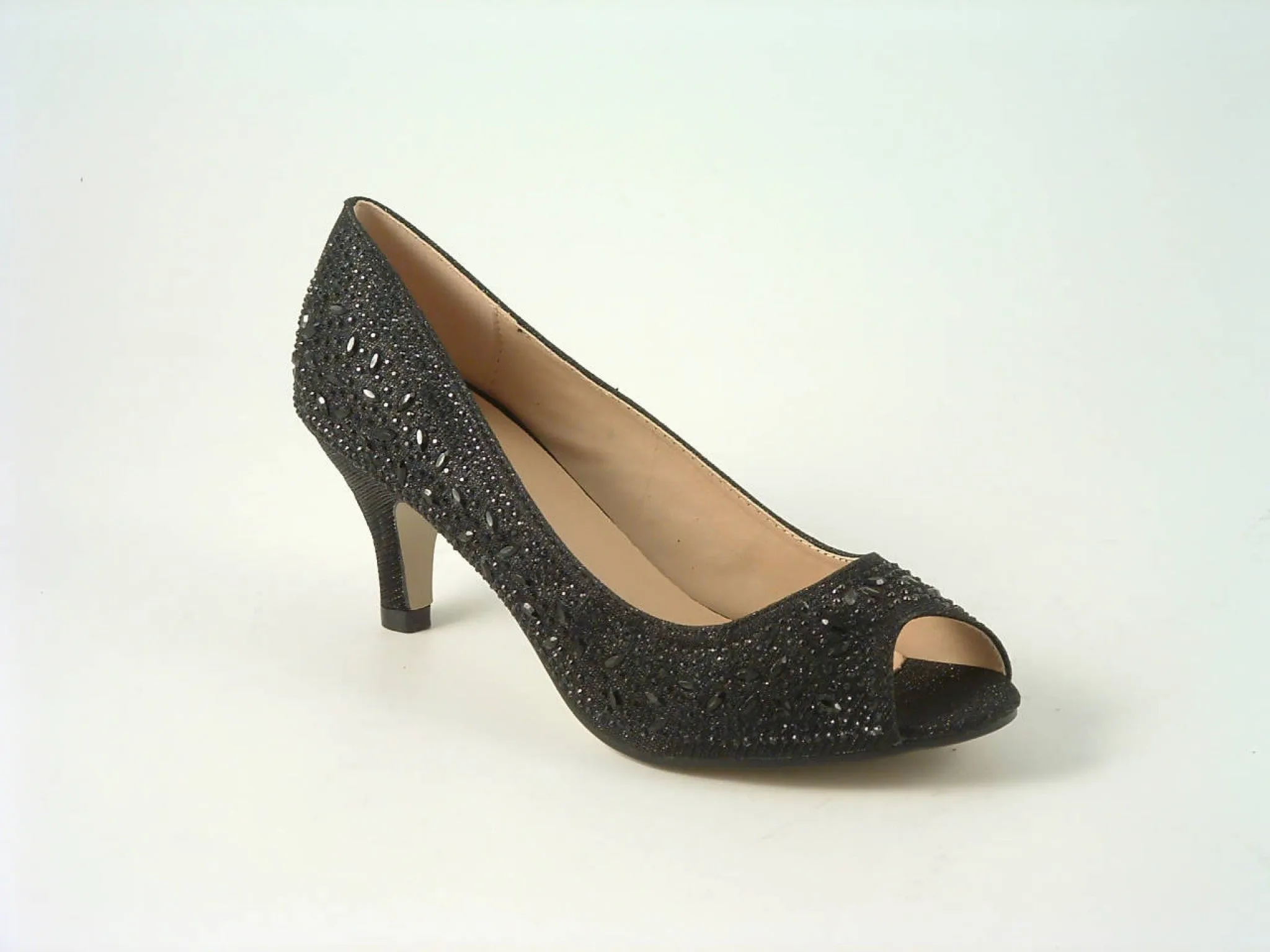 Glitz Shoes Divine Diamante Mid Heel Peep Toe Court Shoe