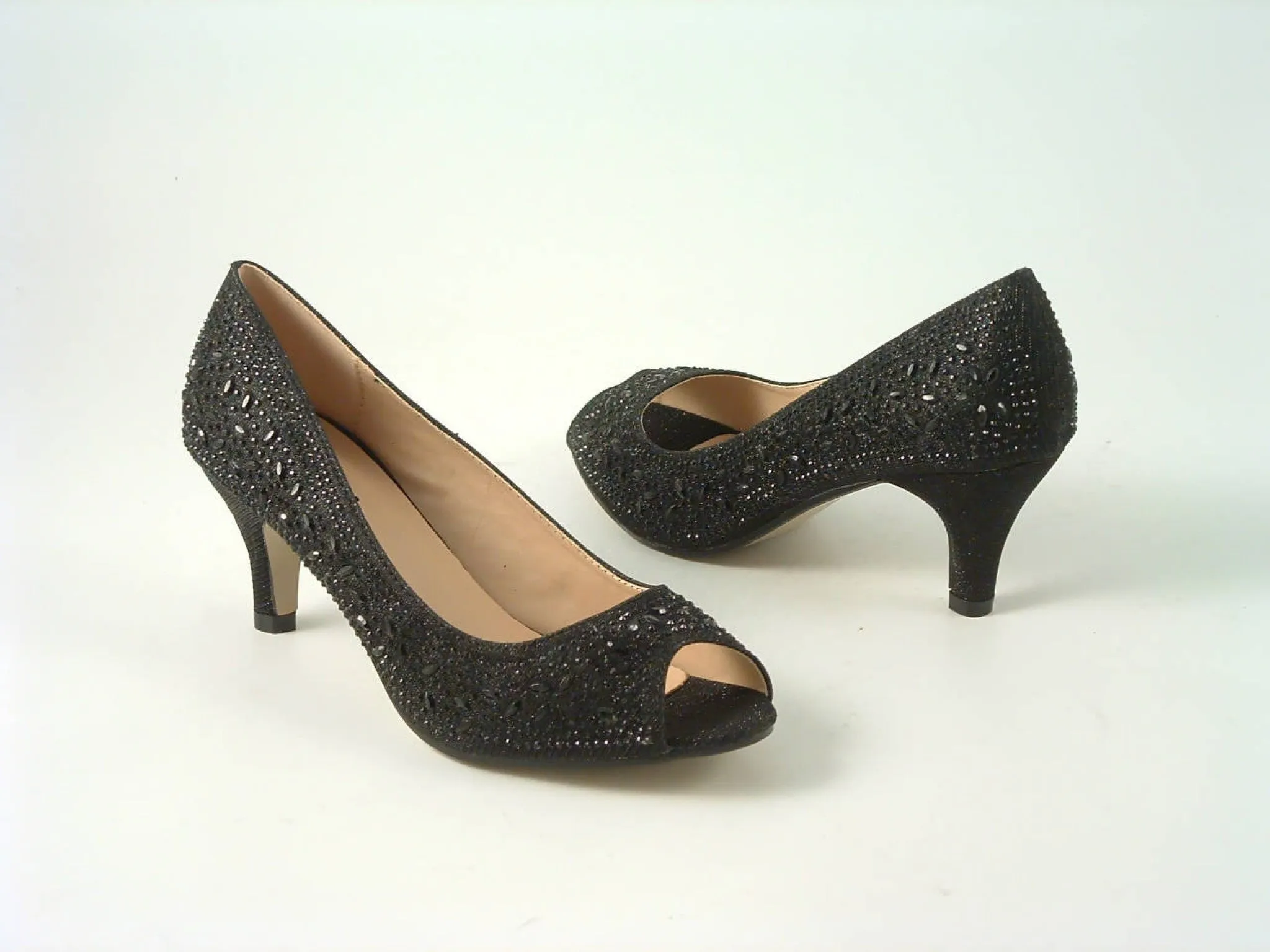 Glitz Shoes Divine Diamante Mid Heel Peep Toe Court Shoe