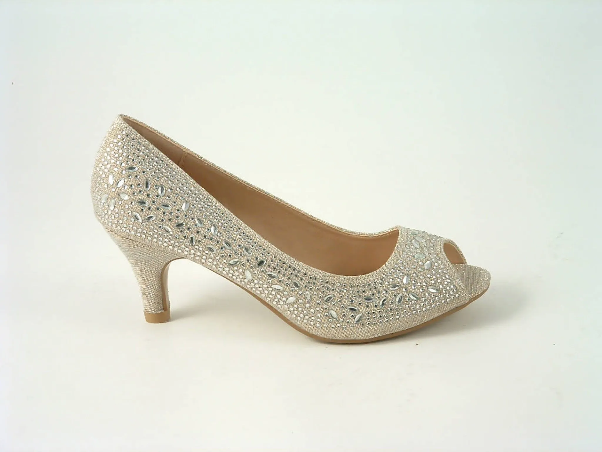 Glitz Shoes Divine Diamante Mid Heel Peep Toe Court Shoe