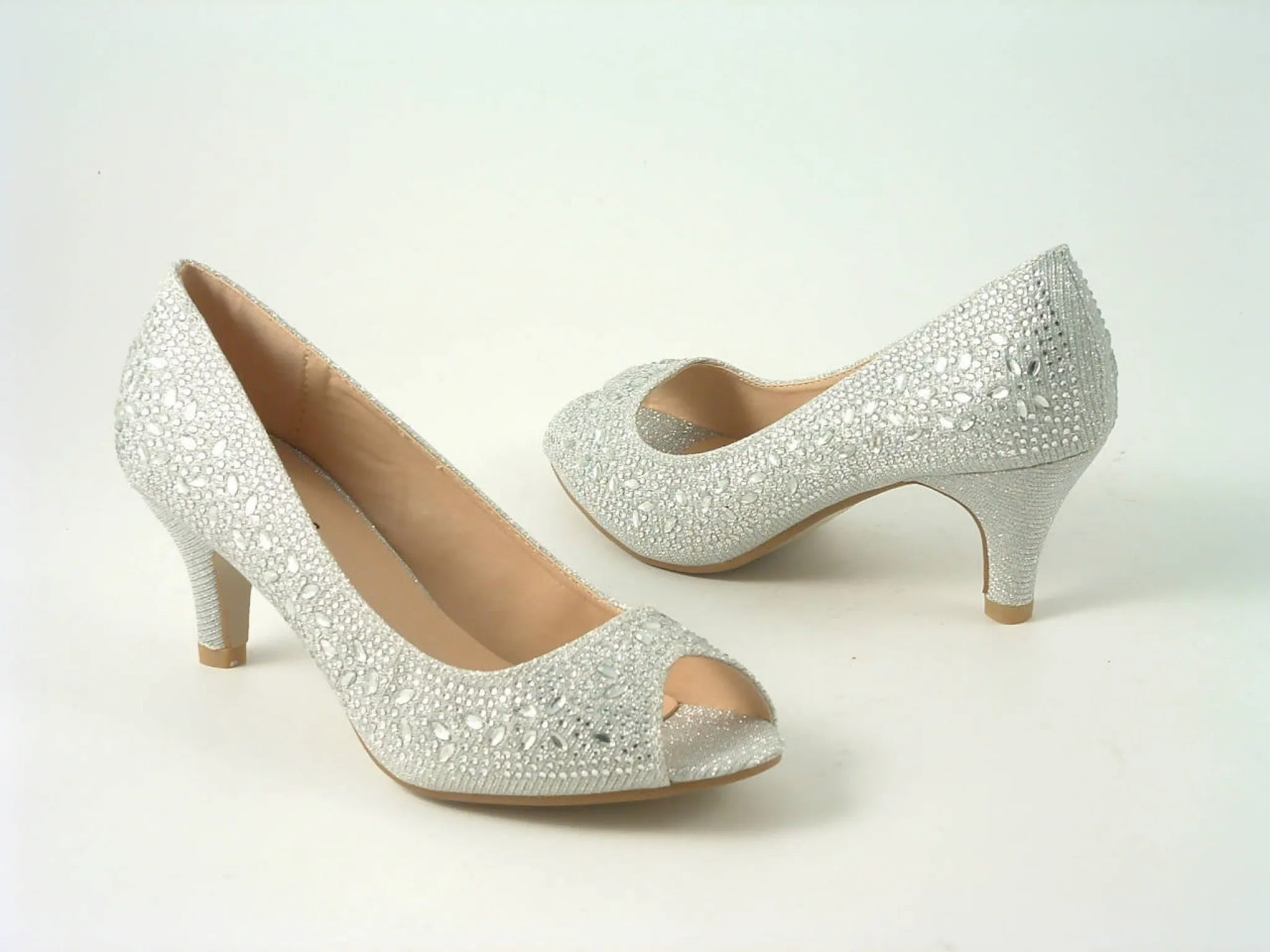 Glitz Shoes Divine Diamante Mid Heel Peep Toe Court Shoe