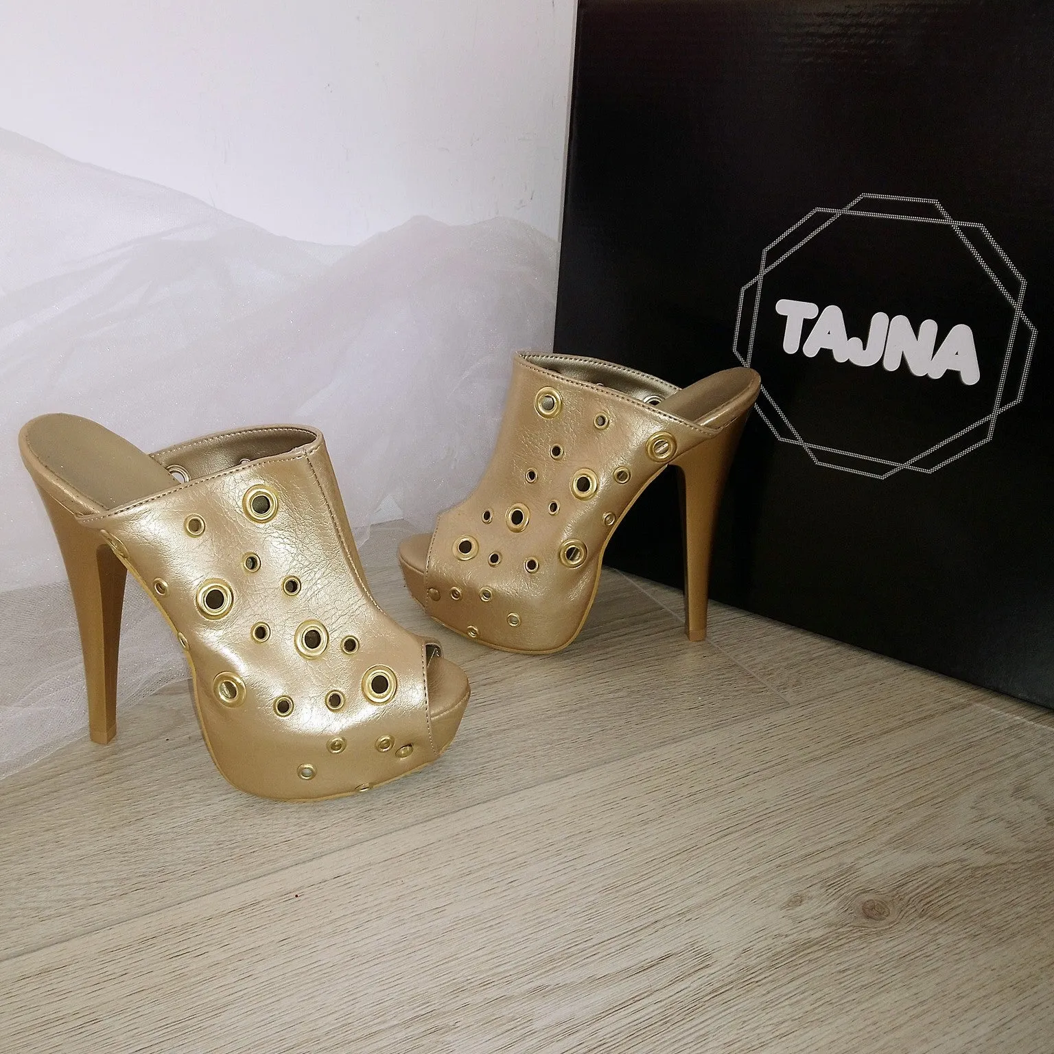 Golden Peep-Toe Platform Mules