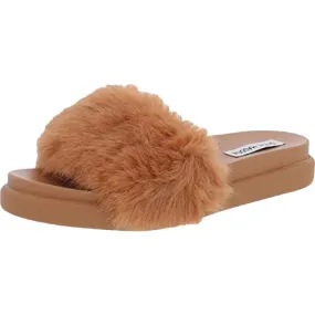 Steve Madden Womens Delphina Faux Fur Slide Slippers Tan 9.5 Medium (B,M)